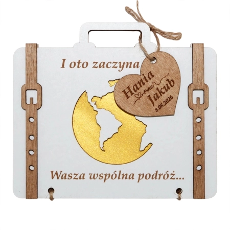 Piękna drewniana walizka podróżna prezent ślubny dla pary młodej koperta na pieniądze